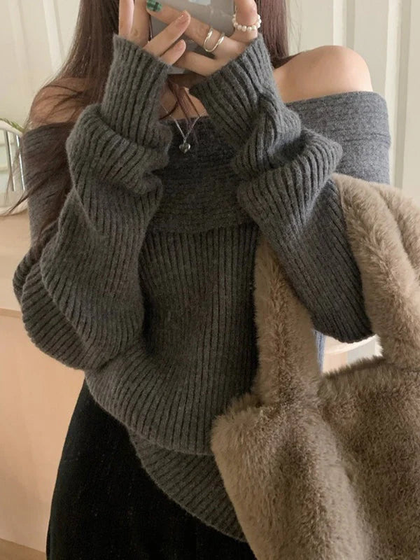Vintage Solid Color Off Shoulder Sweater