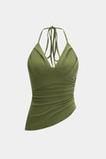 V-Neck Halter Neck Tie-Up Ruched Asymmetrical Cami Top