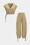 V-Neck Drawstring Tank Top And Pocket Trousers Set